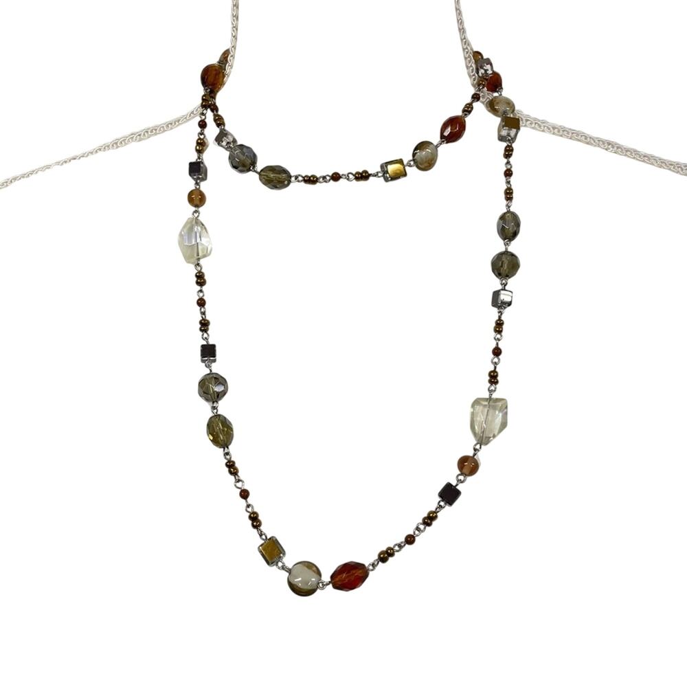 Brown Cream & Grey Plastic Bead Extra Long Necklace Boho Funky Colorful